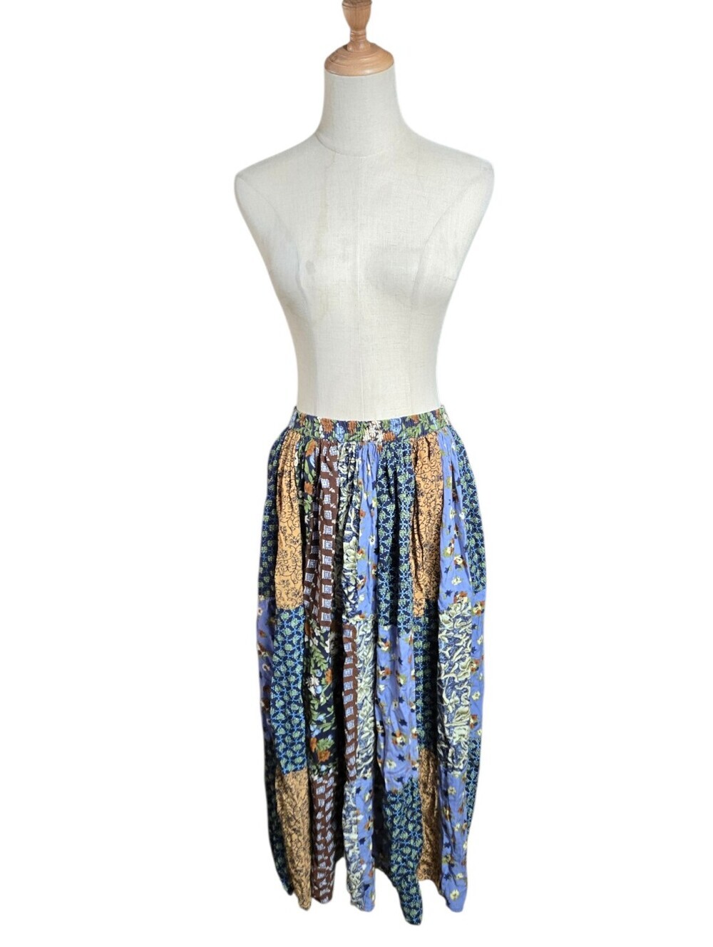 220 Hickory X Blair Boho Patchwork Maxi Skirt in Blue and Brown